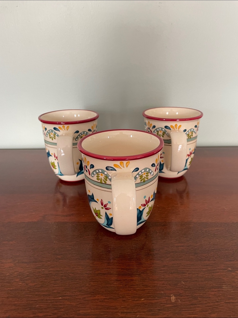 Hand-Painted Ceramic Mug in Cream with Red Rim and Multicolor Floral Motif ,3 - Picture 4 of 6